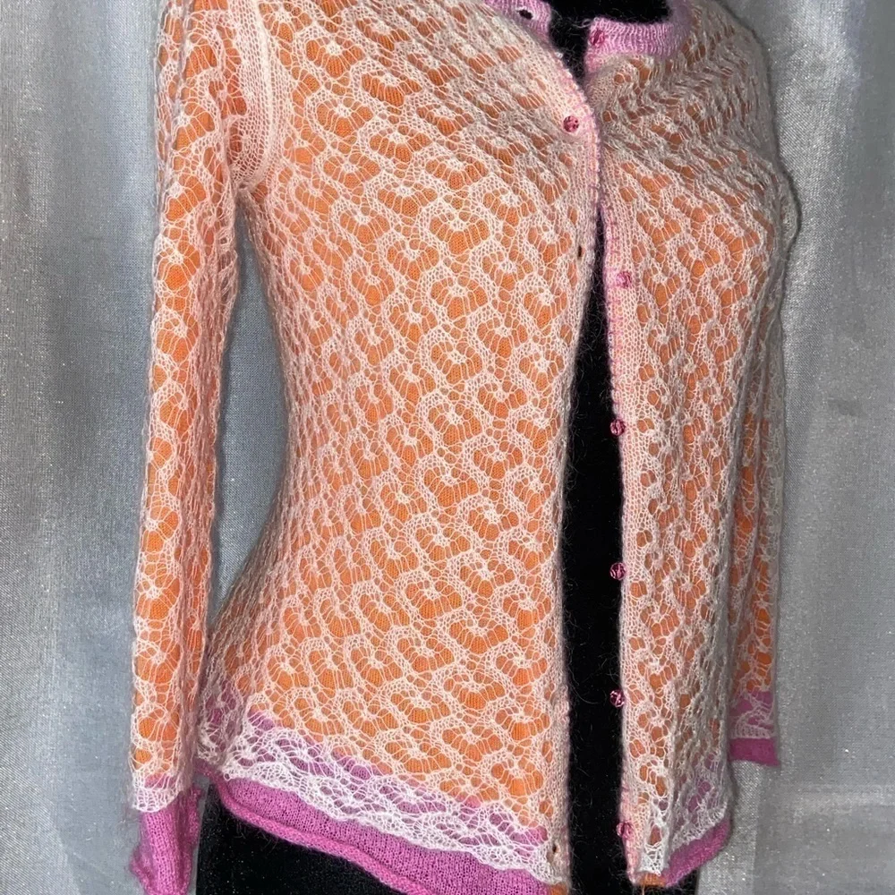 Sigrid Olsen Pink Trim Crocheted Overlay Cardigan - Picture 1 of 8